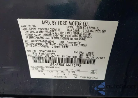 2016 Ford Taurus Se из США, поврежденный, VIN 1FAHP2D81GG146795